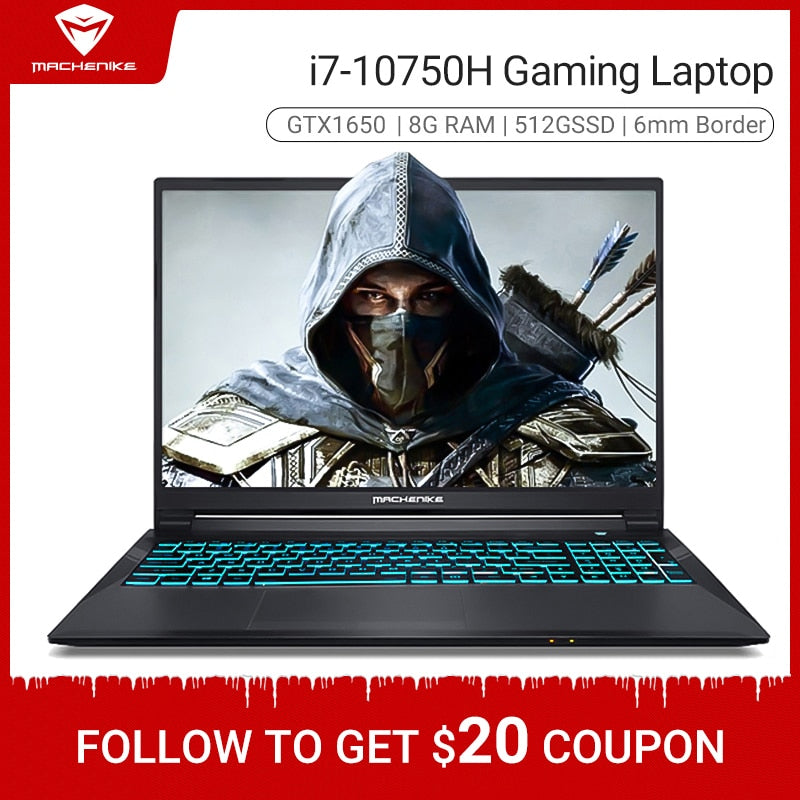 Machenike T90 i7 gaming laptop 2020 Intel Core i7 10750H GTX1650 4G GDDR6 8GB RAM 512G SSD 15.6'' 6mm Border IPS i7 notebook